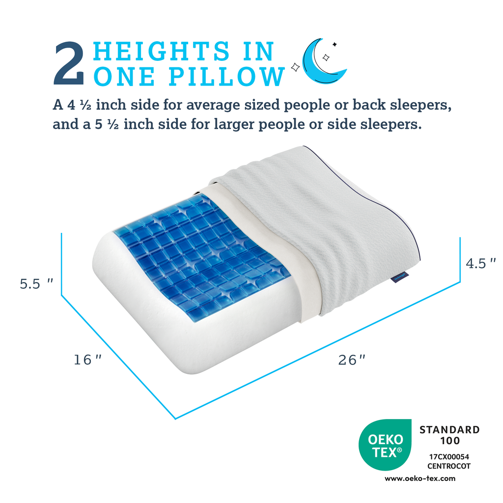 Gel-infused pillow with dimensions and Oeko-Tex certification on a white background