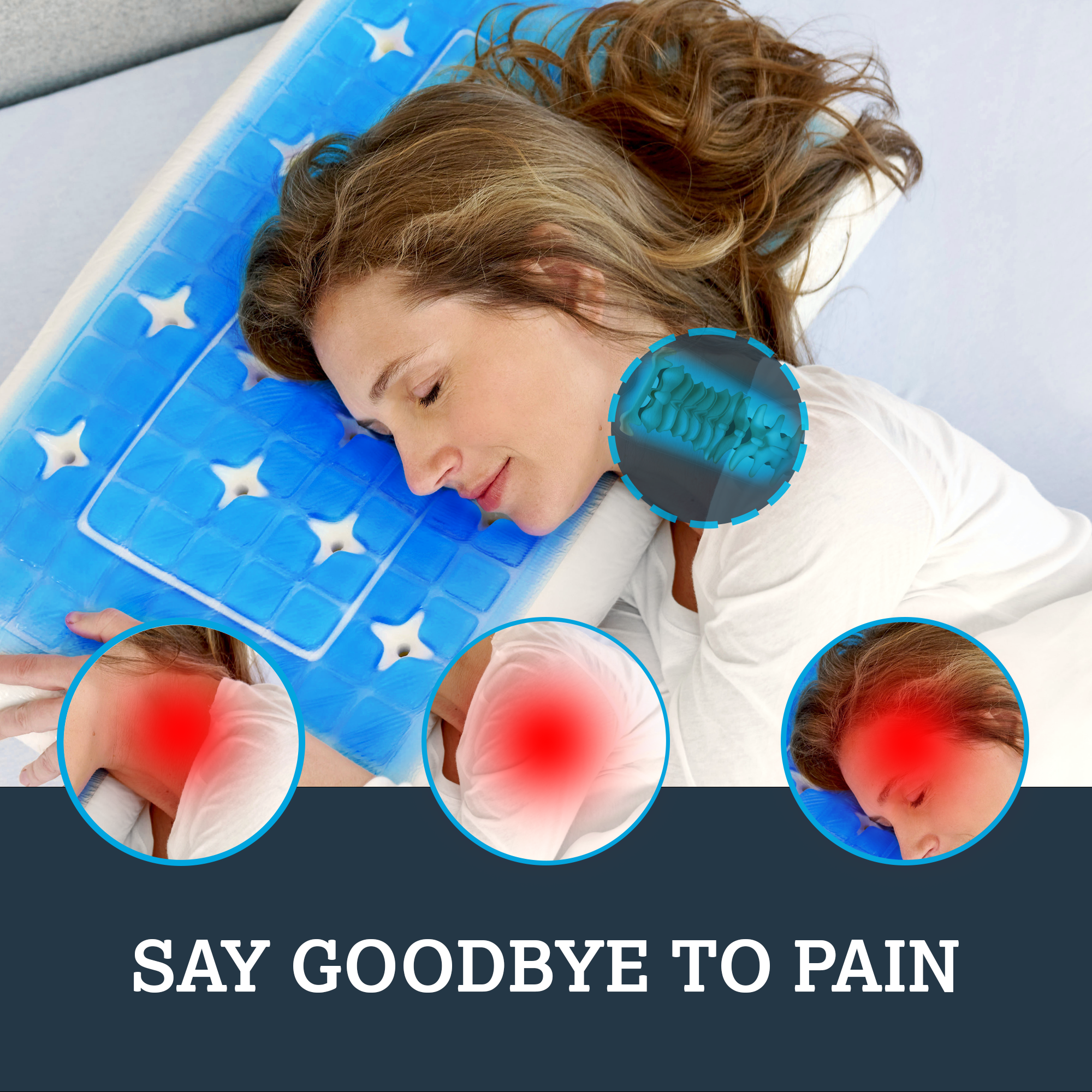 Woman lying down with a neck pillow and ice pack, surrounded by insets showing pain points.